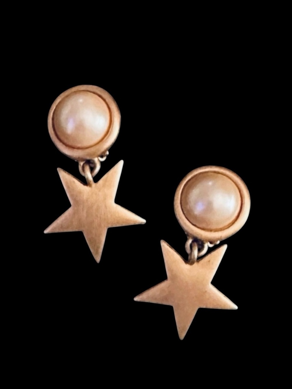Vintage Brushed Gold Faux Pearl Star Dangle Drop Earrings